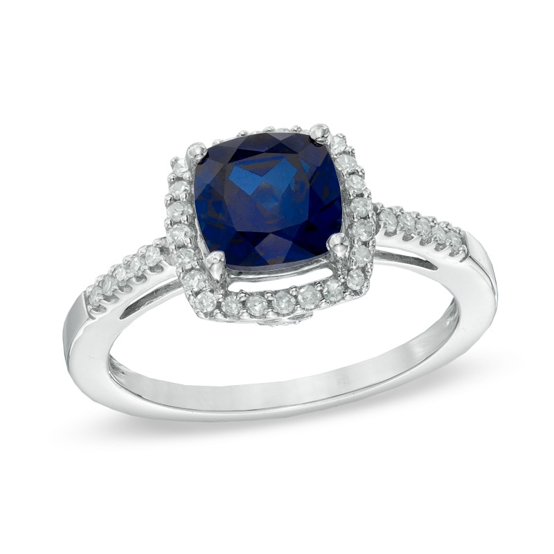 7.0mm Cushion-Cut Lab-Created Blue Sapphire and 0.15 CT. T.W. Diamond Frame Ring in 10K White Gold
