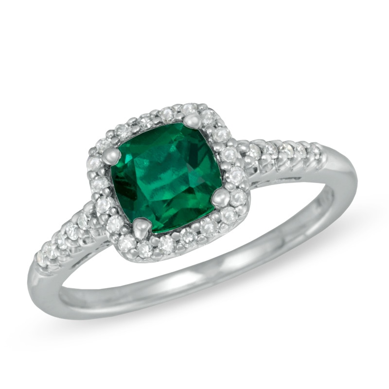 6.0mm Cushion-Cut Lab-Created Emerald and 0.14 CT. T.W. Diamond Frame Ring in 10K White Gold