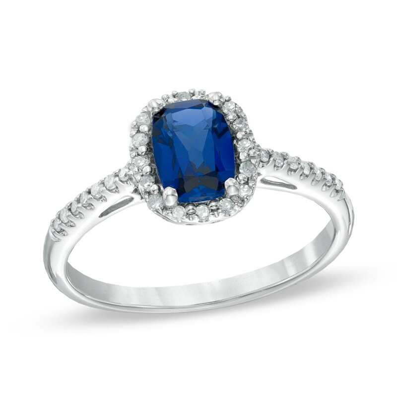 6.0mm Cushion-Cut Lab-Created Blue Sapphire and 0.14 CT. T.W. Diamond Frame Ring in 10K White Gold