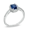 Thumbnail Image 1 of 6.0mm Cushion-Cut Lab-Created Blue Sapphire and 0.14 CT. T.W. Diamond Frame Ring in 10K White Gold