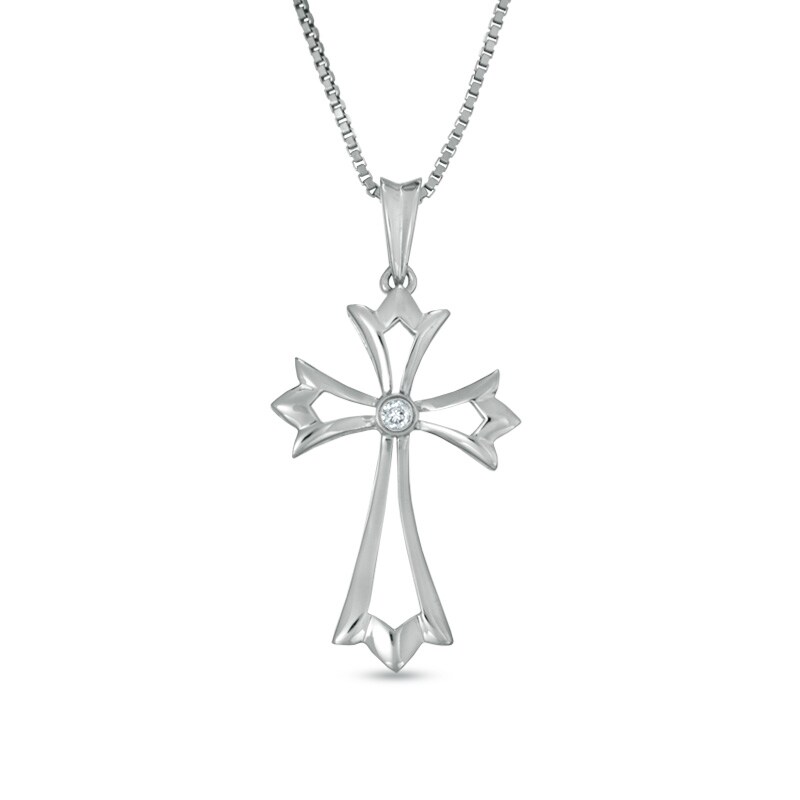 Main Image 1 of Diamond Accent Solitaire Gothic-Style Cross Pendant in Sterling Silver