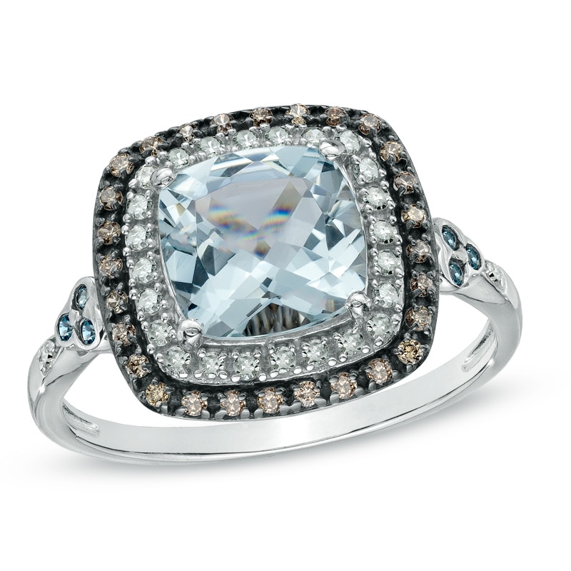 Aquamarine, London Blue Topaz and 0.19 CT. T.W. Enhanced Champagne and White Diamond Ring in 10K White Gold
