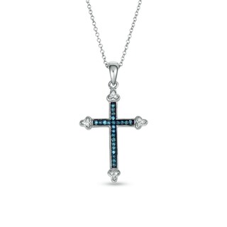 0.12 CT. T.W. Enhanced Blue and White Diamond Cross Pendant in Sterling Silver