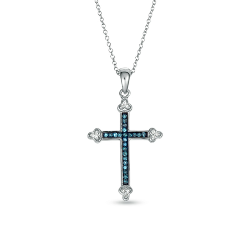 Main Image 1 of 0.12 CT. T.W. Enhanced Blue and White Diamond Cross Pendant in Sterling Silver
