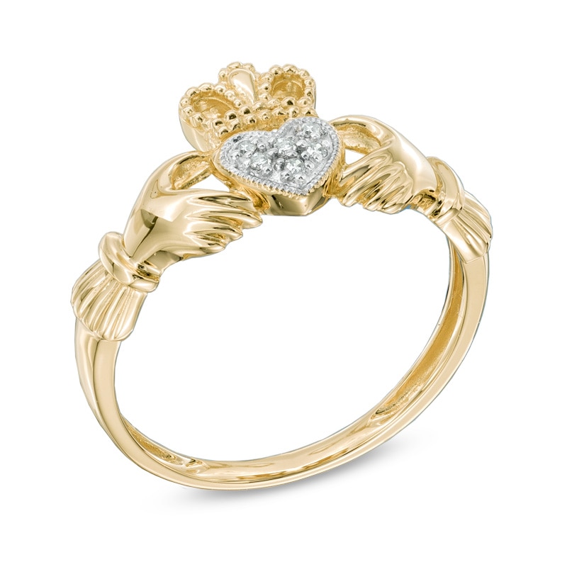 Main Image 2 of Heart-Shaped Multi-Diamond Accent Claddagh Ring in 10K Gold