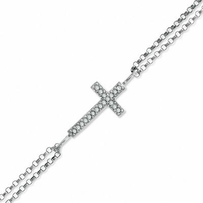 Diamond Accent Sideways Cross Chain Bracelet in Sterling Silver