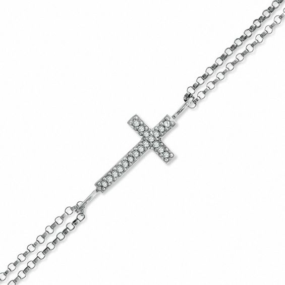 Diamond Accent Sideways Cross Chain Bracelet in Sterling Silver