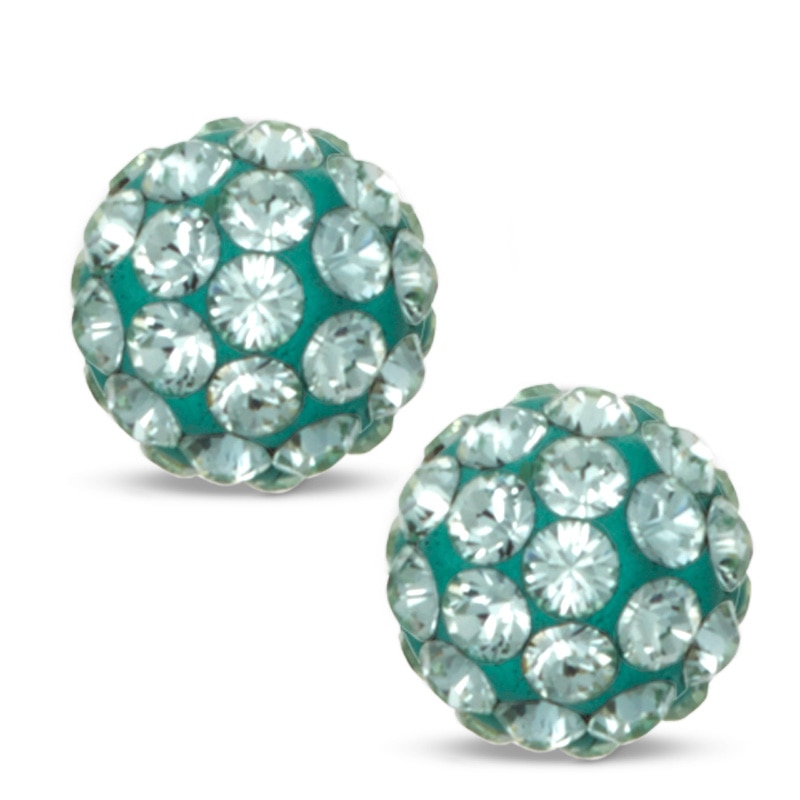 Green Crystal Ball Stud Earrings in 14K Gold