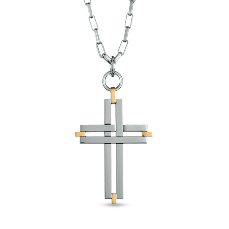 Main Image 1 of Men's Cross Pendant in Two-Tone Stainless Steel - 24"