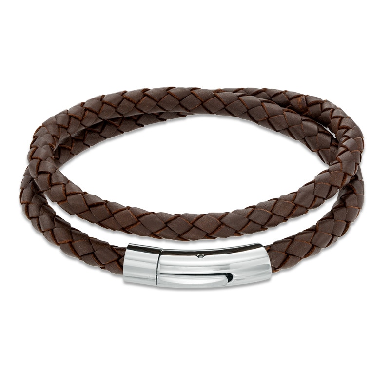 Main Image 1 of Brown Leather and Stainless Steel Double Wrap Bracelet - 16.75"