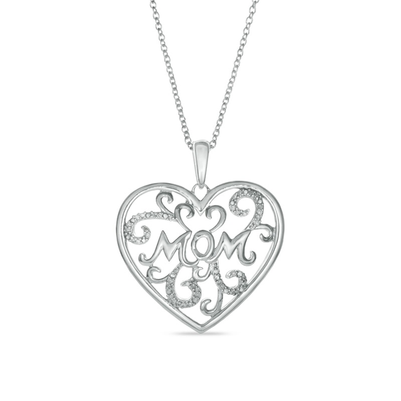 Main Image 1 of Diamond Accent Scroll "MOM" Heart Pendant in Sterling Silver