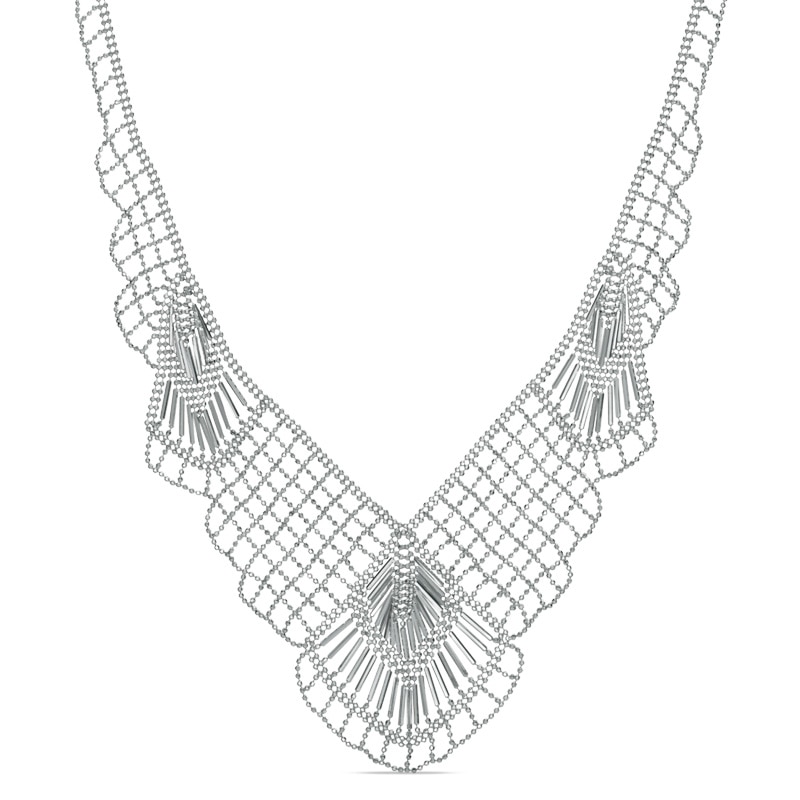 Main Image 1 of Diamond-Cut Beaded Mesh Fan Bib Necklace in Sterling Silver - 17"
