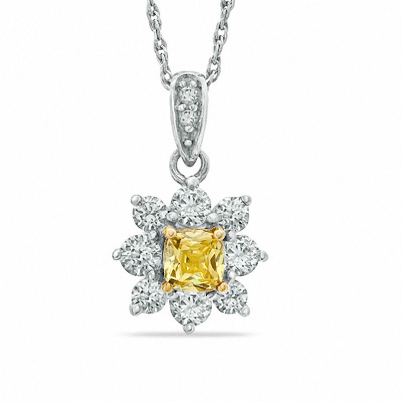 0.70 CT. T.W. Certified Cushion-Cut Natural Yellow and White Diamond Flower Pendant in 14K White Gold (P/I1)