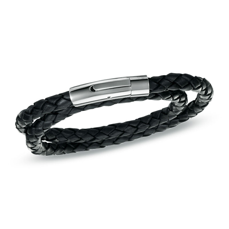Main Image 1 of Black Leather and Stainless Steel Double Wrap Bracelet - 16.75"