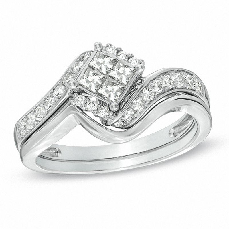 0.60 CT. T.W. Princess-Cut Quad Diamond Bypass Bridal Set in 10K White Gold