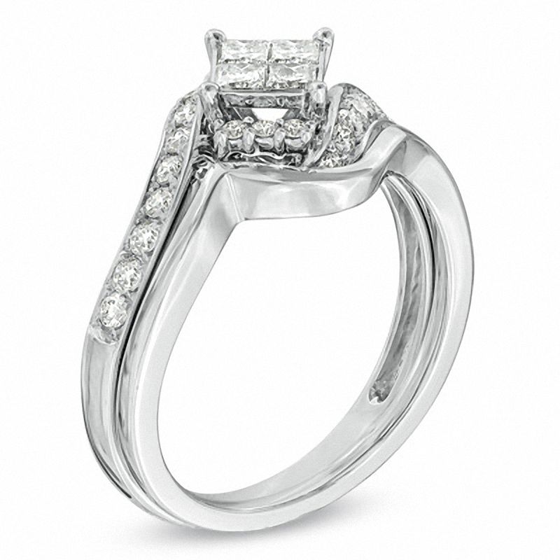 0.60 CT. T.W. Princess-Cut Quad Diamond Bypass Bridal Set in 10K White Gold
