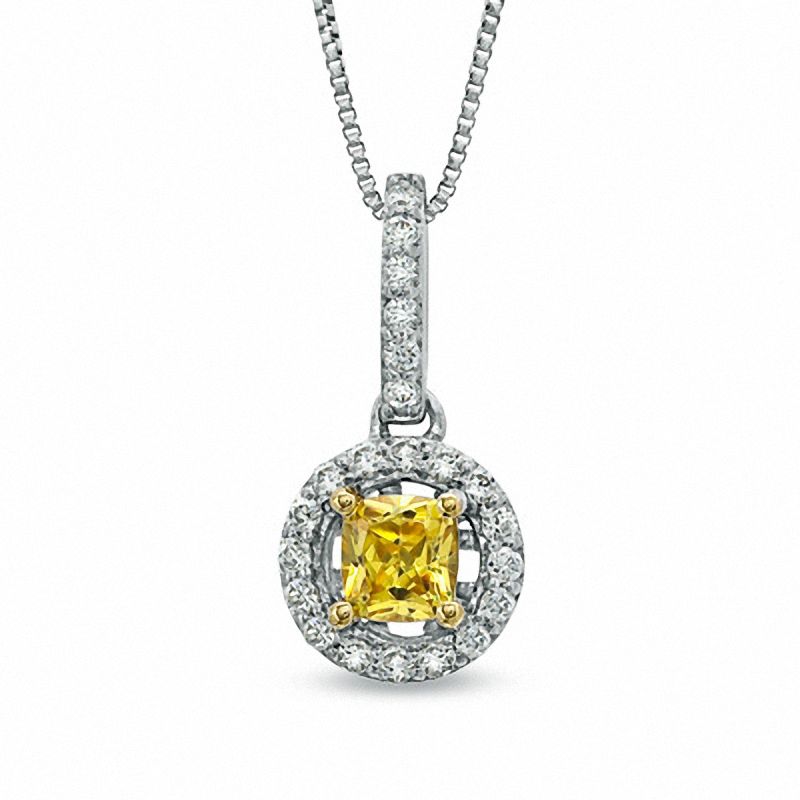 0.58 CT. T.W. Certified Cushion-Cut Natural Yellow and White Diamond Pendant in 14K White Gold (P/I1)|Peoples Jewellers