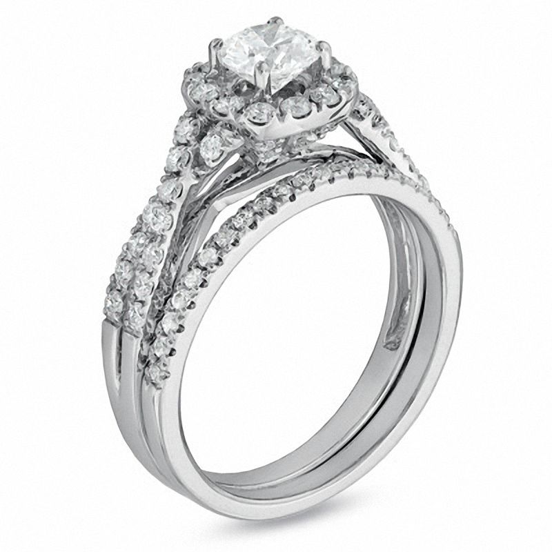 1.10 CT. T.W. Diamond Frame Twist Shank Bridal Set in 14K White Gold