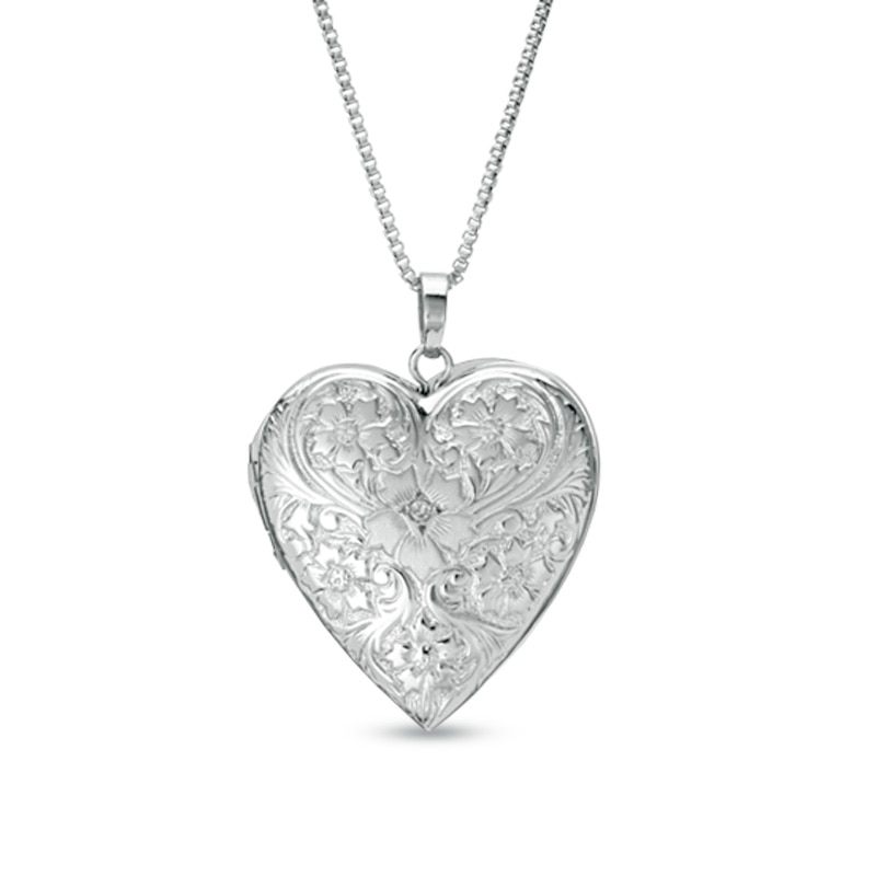 Diamond Accent Floral Heart-Shaped Locket in Sterling Silver|Peoples Jewellers