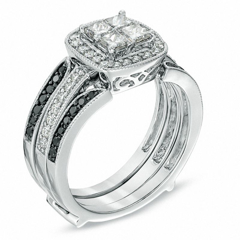 0.95 CT. T.W. Princess-Cut Quad Diamond Frame Bridal Set in 14K White Gold