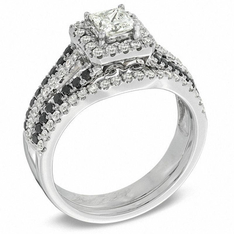 1.00 CT. T.W. Enhanced Black and White Diamond Frame Bridal Set in 14K White Gold