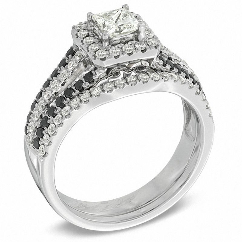 Main Image 2 of 1.00 CT. T.W. Enhanced Black and White Diamond Frame Bridal Set in 14K White Gold
