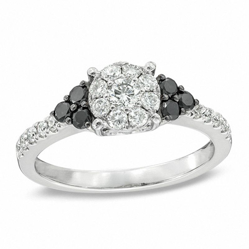 0.70 CT. T.W. Enhanced Black and White Diamond Cluster Engagement Ring in 14K White Gold