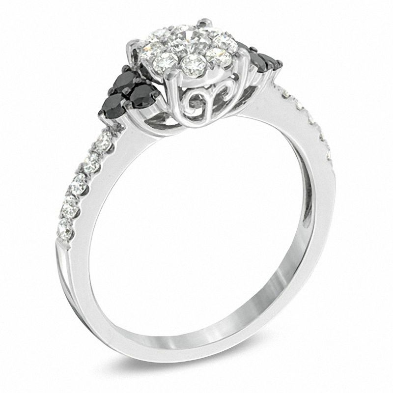 0.70 CT. T.W. Enhanced Black and White Diamond Cluster Engagement Ring in 14K White Gold