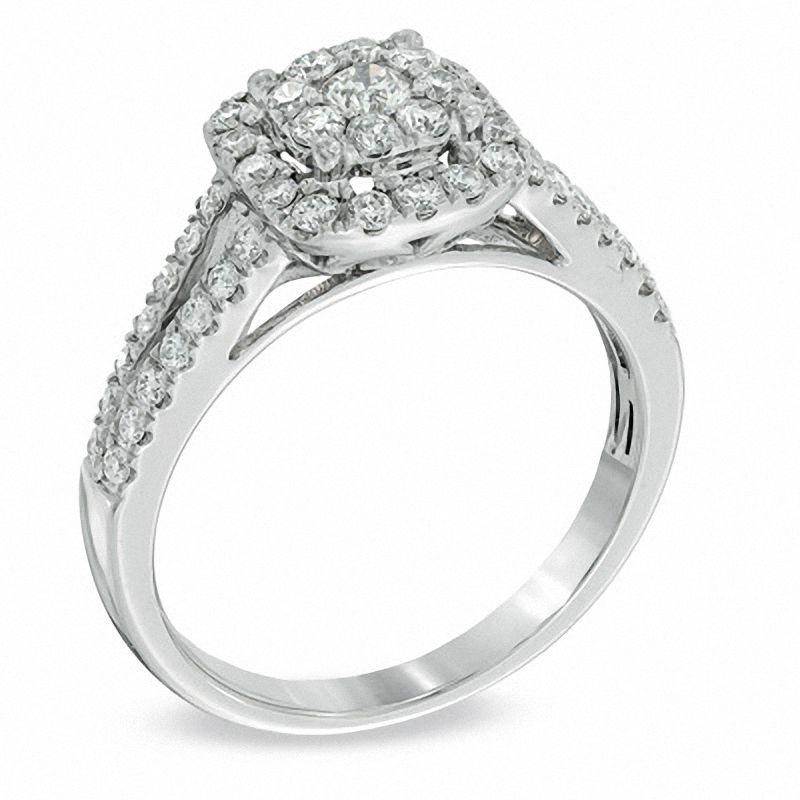 Main Image 2 of 0.70 CT. T.W. Multi-Diamond Cushion Frame Split Shank Engagement Ring in 14K White Gold
