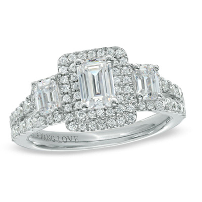 Vera Wang Love Collection 1.30 CT. T.W. Emerald-Cut Diamond Three Stone Engagement Ring in 14K White Gold