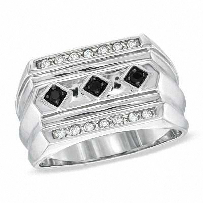 Main Image 1 of Men's 0.25 CT. T.W. Enhanced Black and White Diamond Ring in 10K White Gold