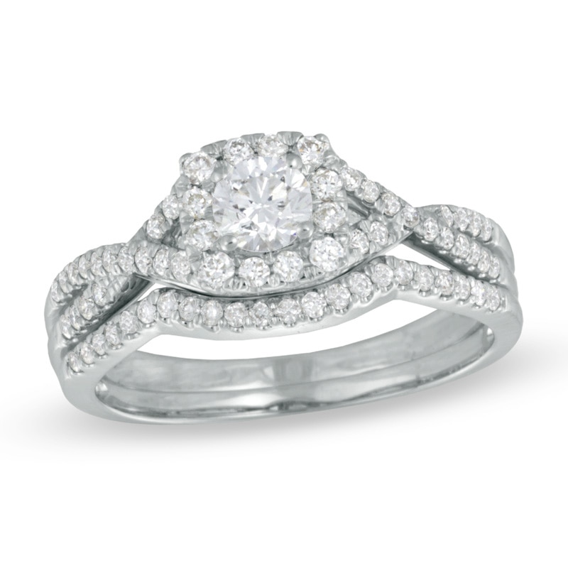 0.70 CT. T.W. Certified Canadian Diamond Twist Shank Bridal Set in 14K White Gold (I/I1)|Peoples Jewellers