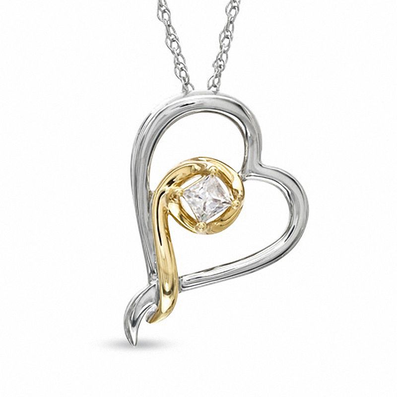 0.15 CT. Princess-Cut Diamond Solitaire Tilted Heart Pendant in 10K Two-Tone Gold