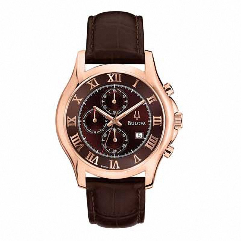 Men's Bulova Dress Chronograph Rose-Tone Strap Watch with Brown Dial (Model: 97B120)|Peoples Jewellers