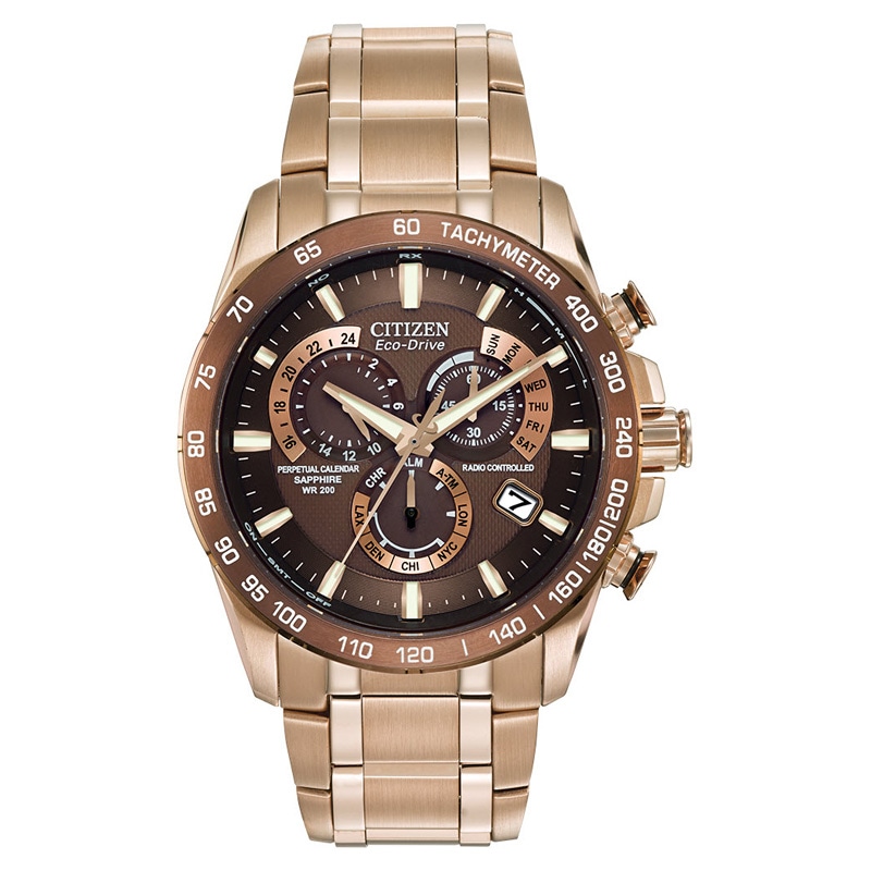 Men's Citizen Eco-Drive® PCAT Chronograph Rose-Tone Watch with Brown Dial (Model: AT4106-52X)
