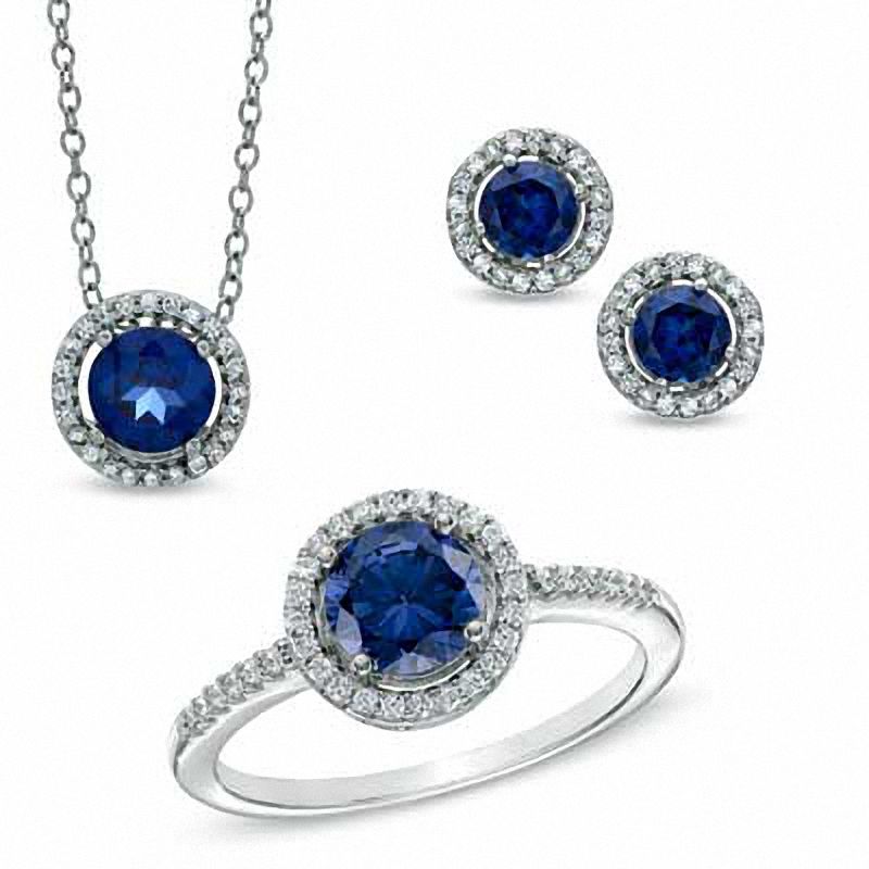 Lab-Created Blue and White Sapphire Pendant, Ring and Earrings Set in Sterling Silver