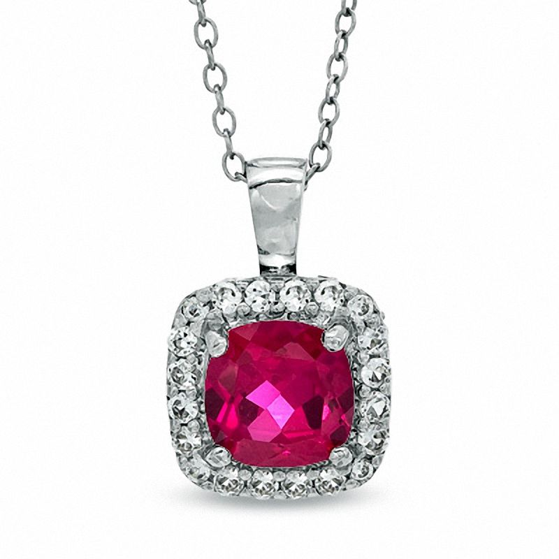 7.0mm Cushion-Cut Lab-Created Ruby and White Sapphire Pendant in Sterling Silver