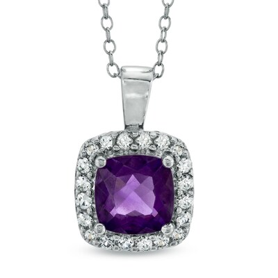 7.0mm Cushion-Cut Amethyst and Lab-Created White Sapphire Pendant in Sterling Silver