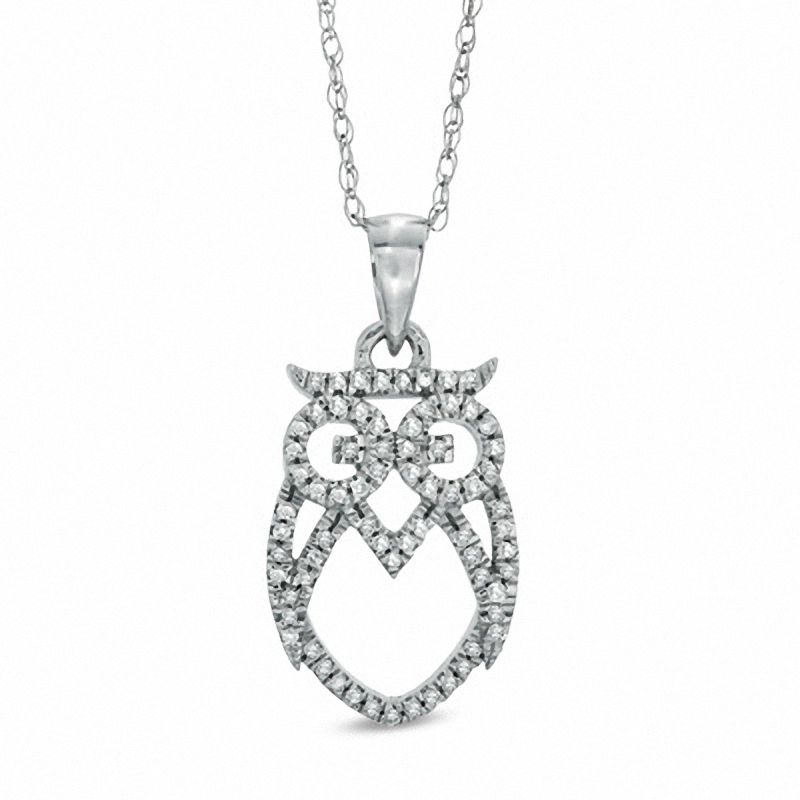 0.10 CT. T.W. Diamond Owl Pendant in 10K White Gold