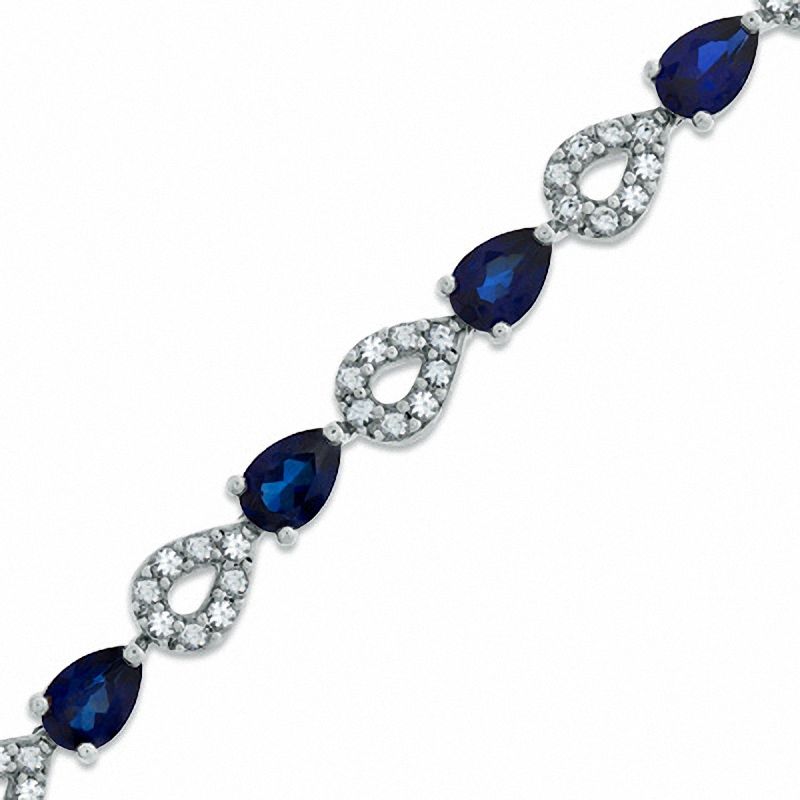 Main Image 1 of Pear-Shaped Lab-Created Ceylon and White Sapphire Bracelet in Sterling Silver - 7.25"