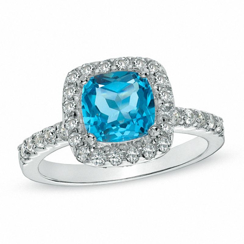 7.0mm Cushion-Cut Swiss Blue Topaz and Lab-Created White Sapphire Ring in Sterling Silver