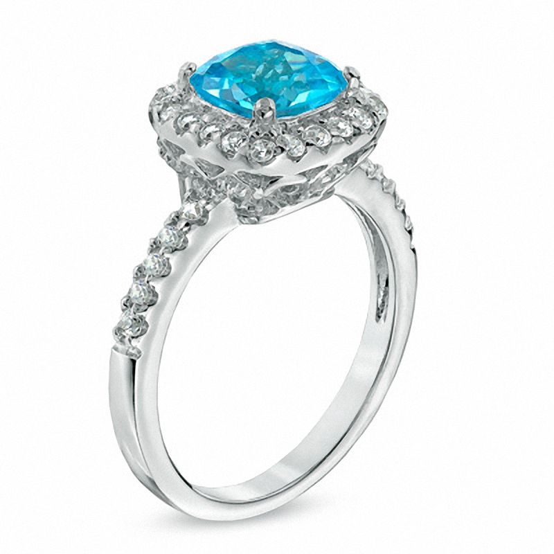 7.0mm Cushion-Cut Swiss Blue Topaz and Lab-Created White Sapphire Ring in Sterling Silver