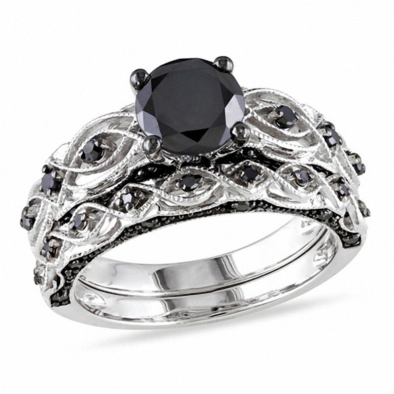 1.40 CT. T.W. Black Diamond Vintage-Style Bridal Set in 10K White Gold