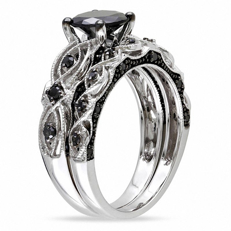 1.40 CT. T.W. Black Diamond Vintage-Style Bridal Set in 10K White Gold