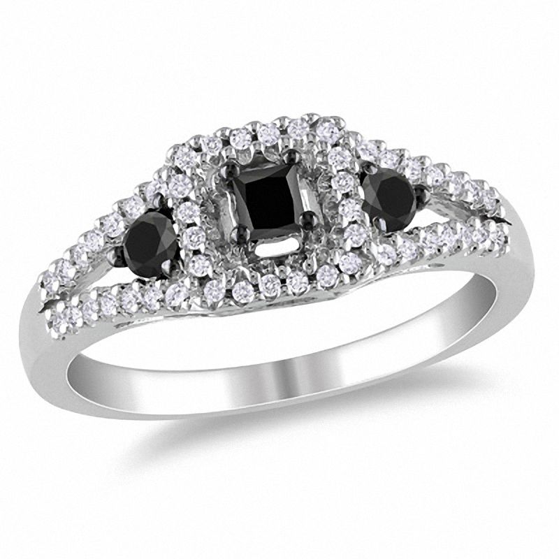 0.50 CT. T.W. Enhanced Black and White Diamond Three Stone Ring in Sterling Silver|Peoples Jewellers