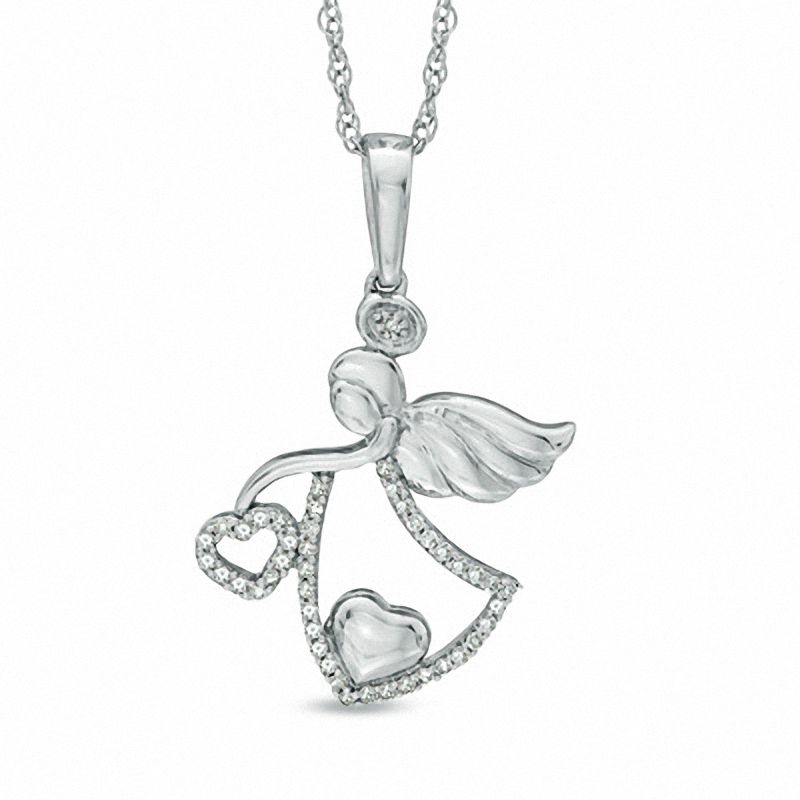 Main Image 1 of 0.13 CT. T.W. Diamond Angel With Heart Pendant in Sterling Silver