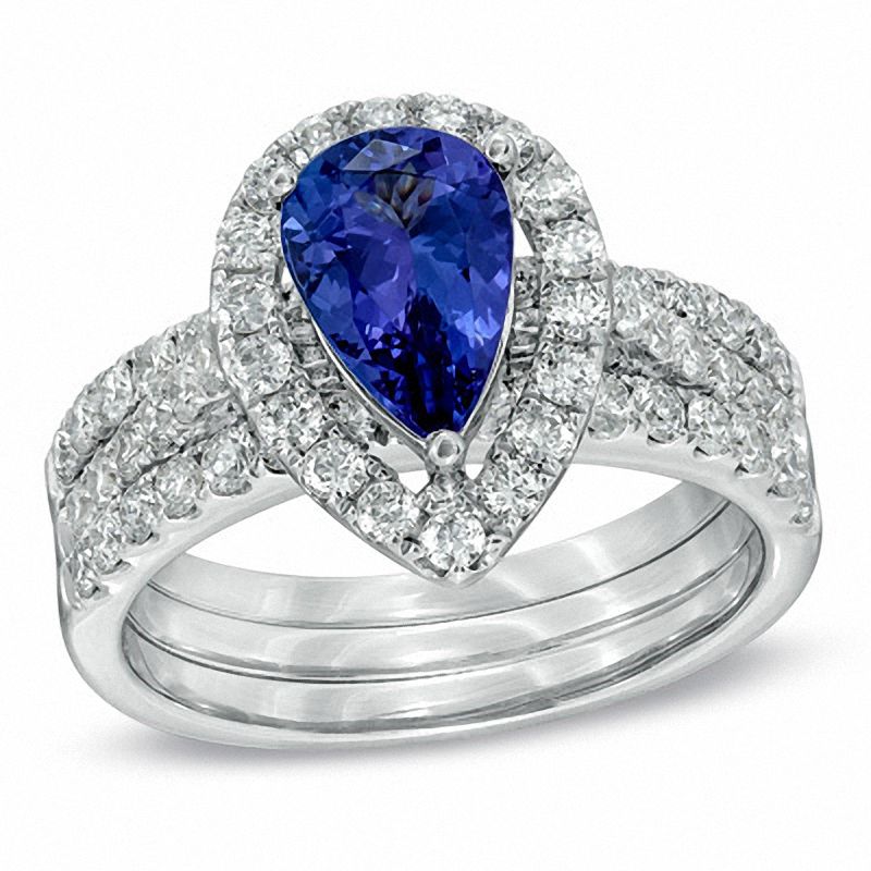 Pear-Shaped Tanzanite and 1.19 CT. T.W. Diamond Three-Piece Bridal Set in 14K White Gold