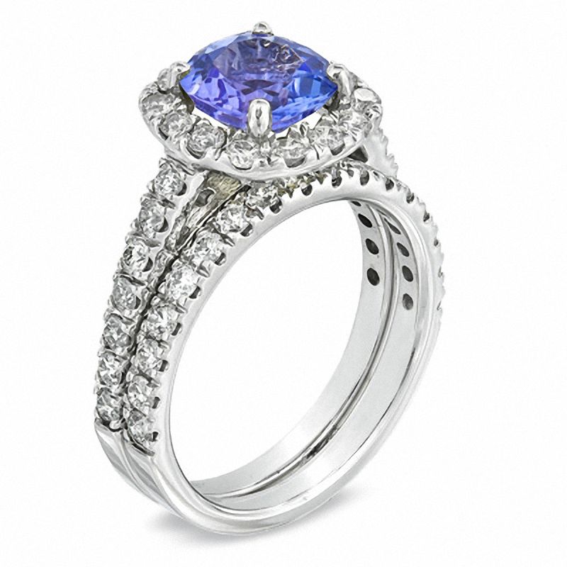 Main Image 2 of 7.0mm Cushion-Cut Tanzanite and 0.98 CT. T.W. Diamond Bridal Set in 14K White Gold