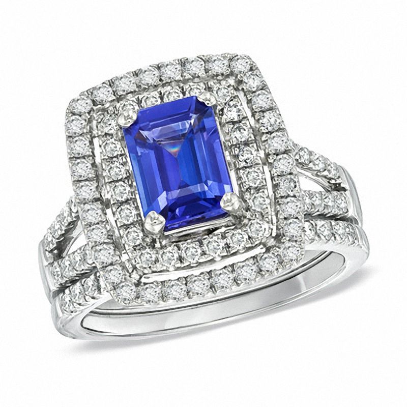 Emerald-Cut Tanzanite and 0.84 CT. T.W. Diamond Bridal Set in 14K White Gold