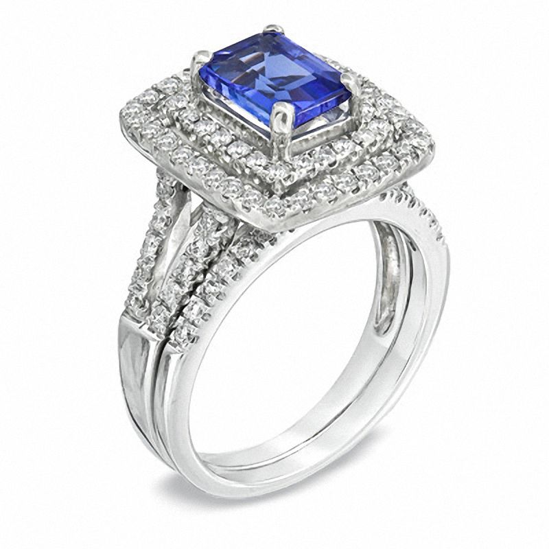 Emerald-Cut Tanzanite and 0.84 CT. T.W. Diamond Bridal Set in 14K White Gold